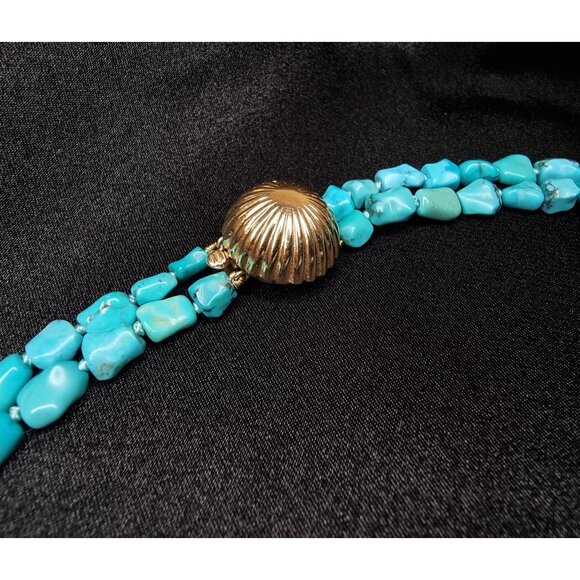 Vintage 14K Solid Gold Genuine Turquoise Two-Strand Necklace With Shell Clasp - Picture 4 of 5